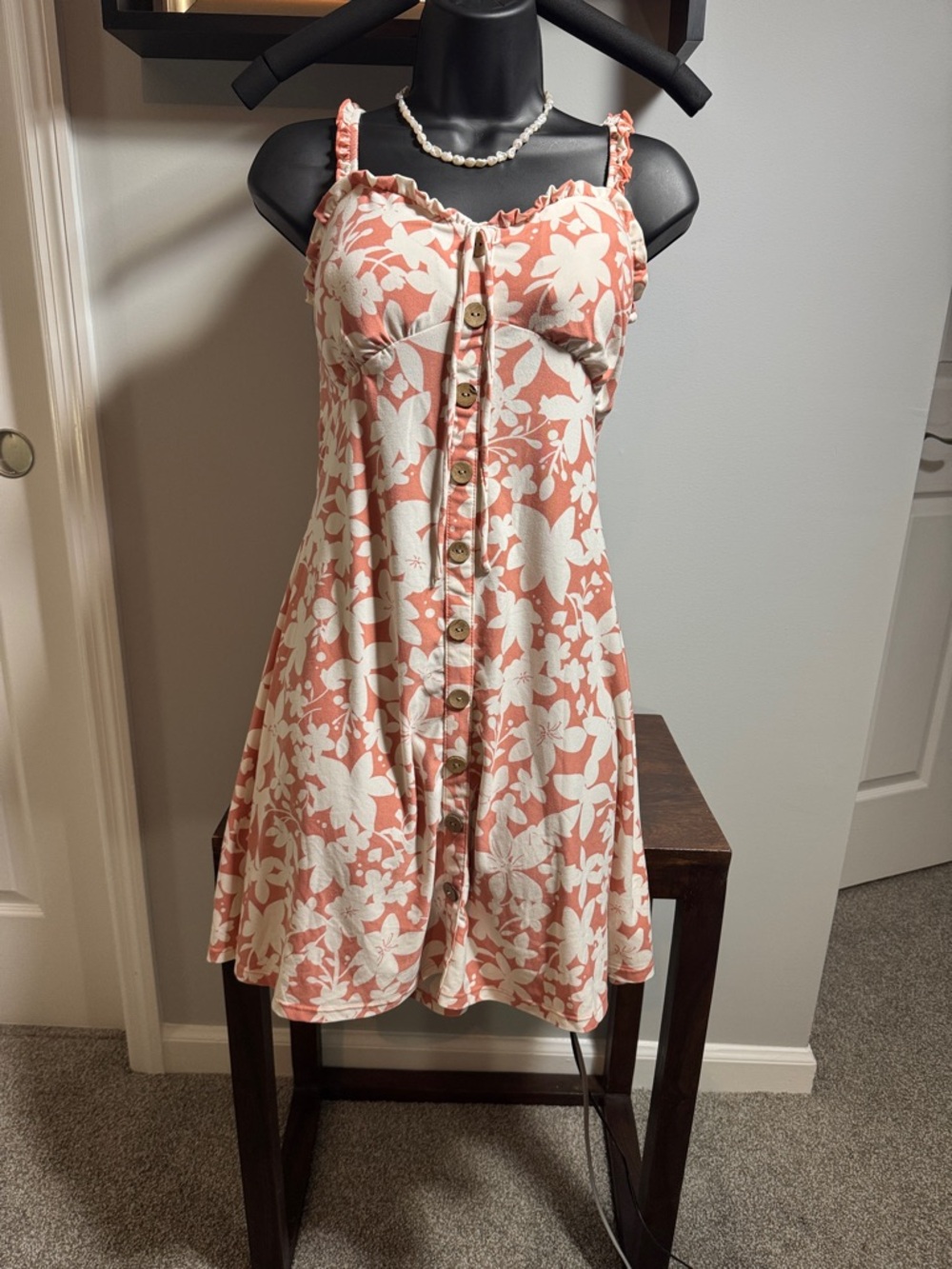 Juniors-No Boundaries Coral and White Floral Button-Front Sundress